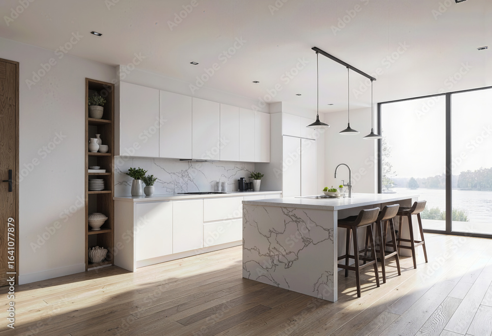 Fototapeta premium A bright and spacious modern kitchen featuring sleek white cabinetry, a stunning marble island, and elegant black pendant lights for a luxurious, open-plan feel. 