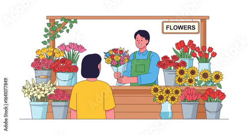 Cheerful Florist Presents Vibrant Bouquet to Customer at Flower Stall