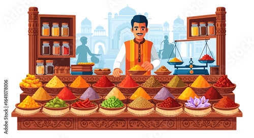 Cheerful Indian spice vendor presenting colorful aromatic powders and spices