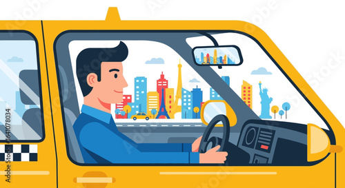 Cheerful male taxi driver in yellow cab with iconic city landmarks in background