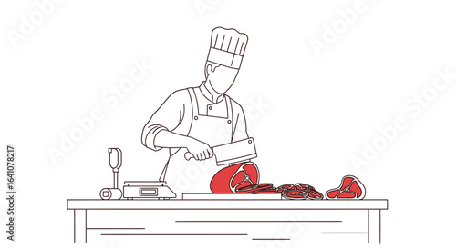 Chef expertly slicing raw red meat with a cleaver on a table