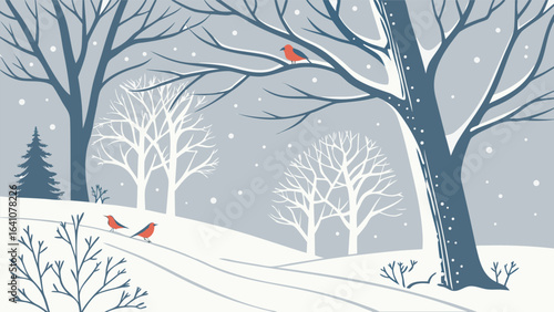 Winter Snowy Landscape with Cardinals Peaceful Holiday Forest Scene