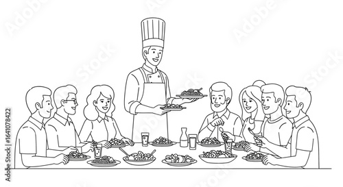 Chef serving pasta to happy people dining together at a table