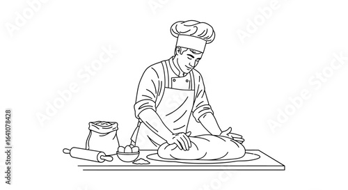 Chef skillfully kneading dough with focused expression and traditional attire