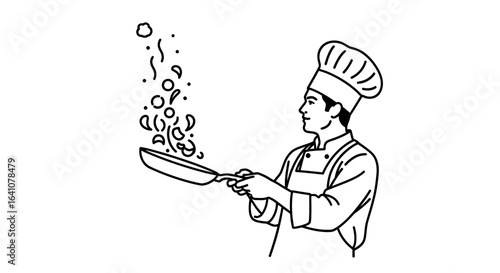 Chef skillfully tossing food in a frying pan with steam