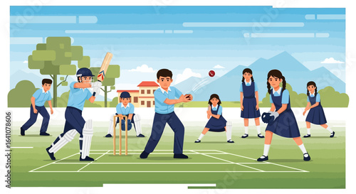 Children Playing Cricket Game on Field with Bat, Ball, and Wicket