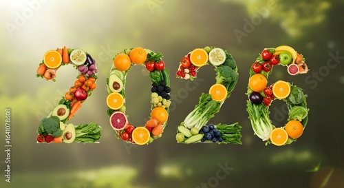 Fresh Fruits and Vegetables Forming the Year 2026 on a Natural Background