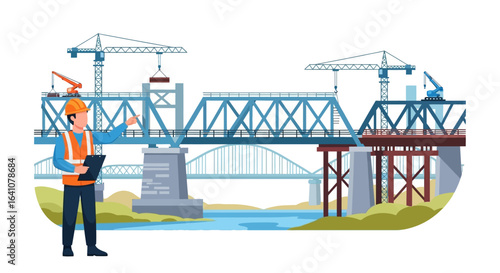 Civil engineer in a hard hat supervising a large truss bridge construction project with cranes.