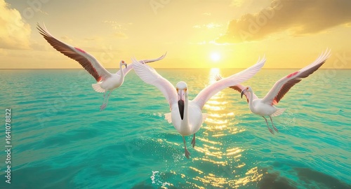 Wallpaper Mural Three elegant pelicans in flight over a turquoise ocean at golden sunset, their wings spread wide as sunlight glistens on the water – AI Generated Digital Art Torontodigital.ca