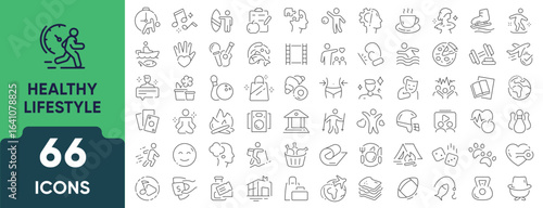 Healthy Lifestyle Line Icon Set. Set of 66 outline icons including nutrition, exercise, wellness, meditation, hydration, sleep, and fitness. Editable stroke. Linear vector illustration.
