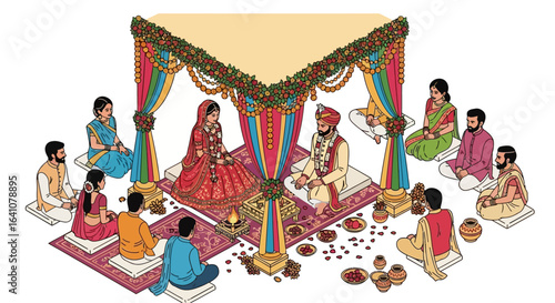 Colorful illustration of a traditional Indian wedding ceremony with a bride and groom under a decorated floral mandap.