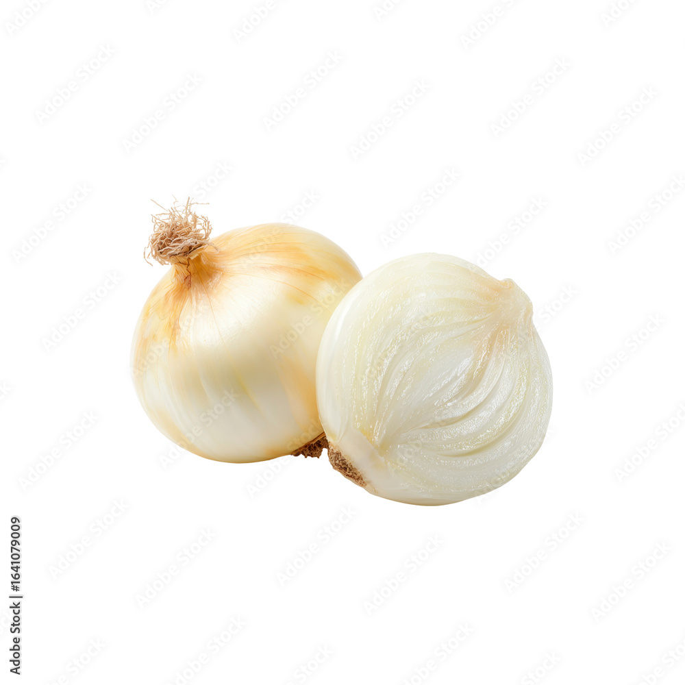 Fototapeta premium Fresh White Onion, Whole and Halved, Isolated on Black Background
