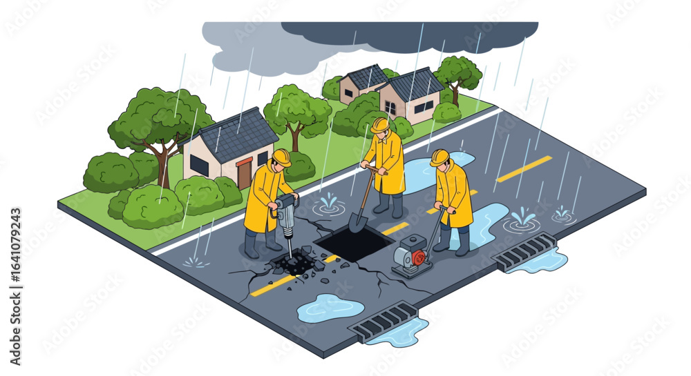 Construction crew in yellow raincoats repairing a street pothole during a rainstorm. Construction crew in yellow raincoats repairing a street pothole during a rainstorm.