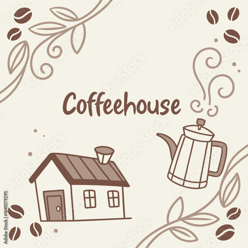 Cozy retro coffeehouse design soft browns and creamy beige tones subtle grain texture hand-painted doodles in the corners warm and friendly atmosphere space in the center for an uplifting quote