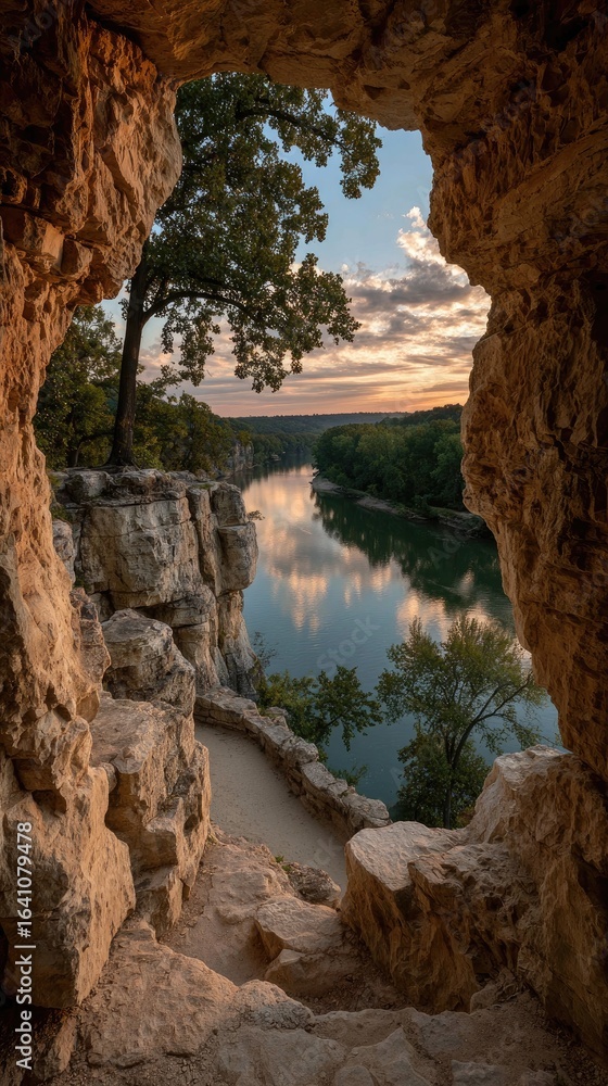 Obraz premium Cave overlook at dawn. River view