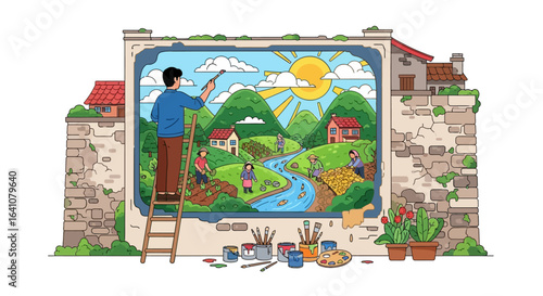 Creative artist on a ladder brings a vibrant village scene to life on a large wall mural.