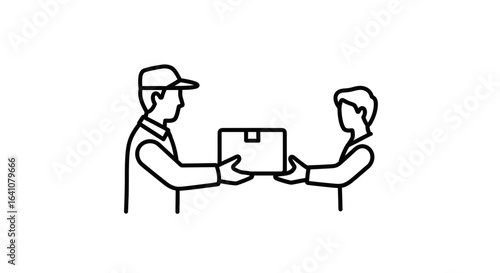 Delivery Person Handing Package to Recipient in Simple Line Art Style