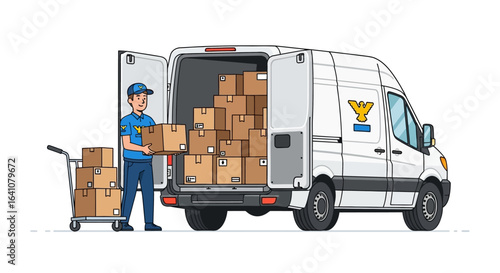 Delivery Man Loading Cardboard Boxes into Van