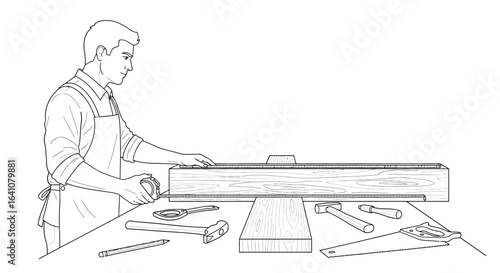 Detailed line drawing of a focused woodworker in an apron measuring a wooden plank at his workbench.