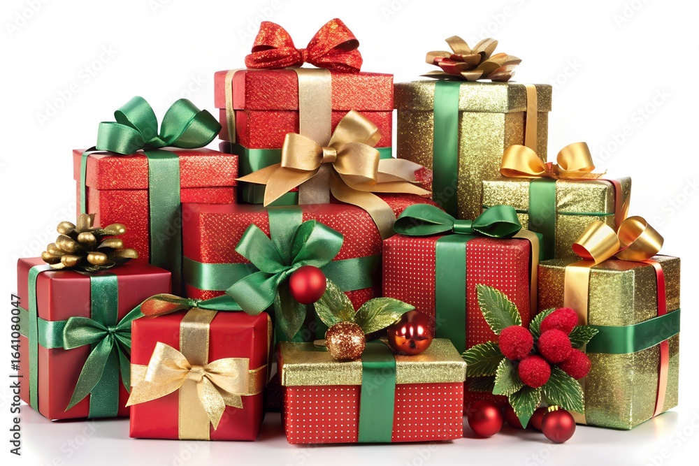 Fototapeta premium A festive pile of christmas gifts with red and gold ribbons, isolated on white background, perfect for holiday celebrations and new year surprises