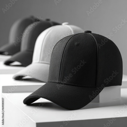 Four baseball caps in various shades of neutral tones