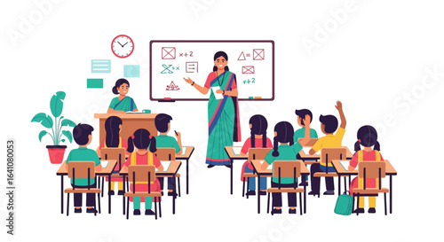 Diverse Classroom Scene with Teacher and Students Engaged in Lesson