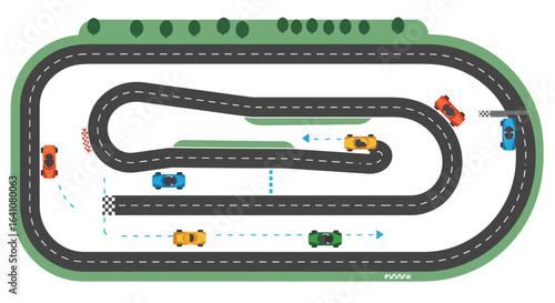 Colorful race cars speeding around a stylized, winding racetrack, competing for the finish line.