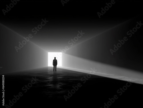 A lone human silhouette standing at the end of a long empty hallway, cold light pouring in from a doorway, strong contrast, minimalist architecture, cinematic