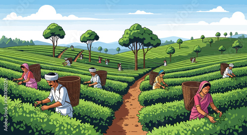 Diverse Farmers Harvesting Lush Green Tea Leaves in Rolling Hills