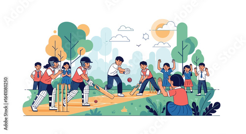 Diverse group of children enthusiastically playing cricket on a sunny day
