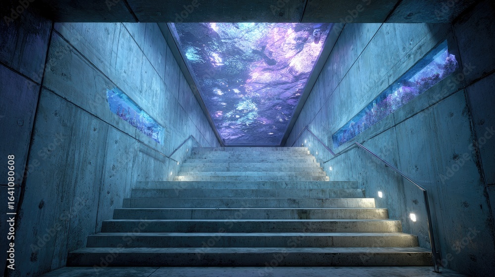 Fototapeta premium Concrete stairs leading to an ethereal, underwater skylight