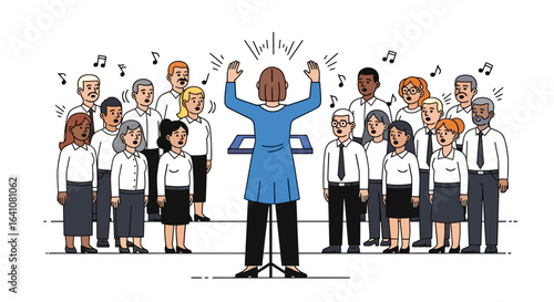Diverse mixed choir with female conductor leading a musical performance with raised arms.