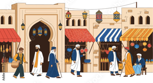 Diverse Men in Traditional Islamic Attire Walking Through a Bustling Marketplace