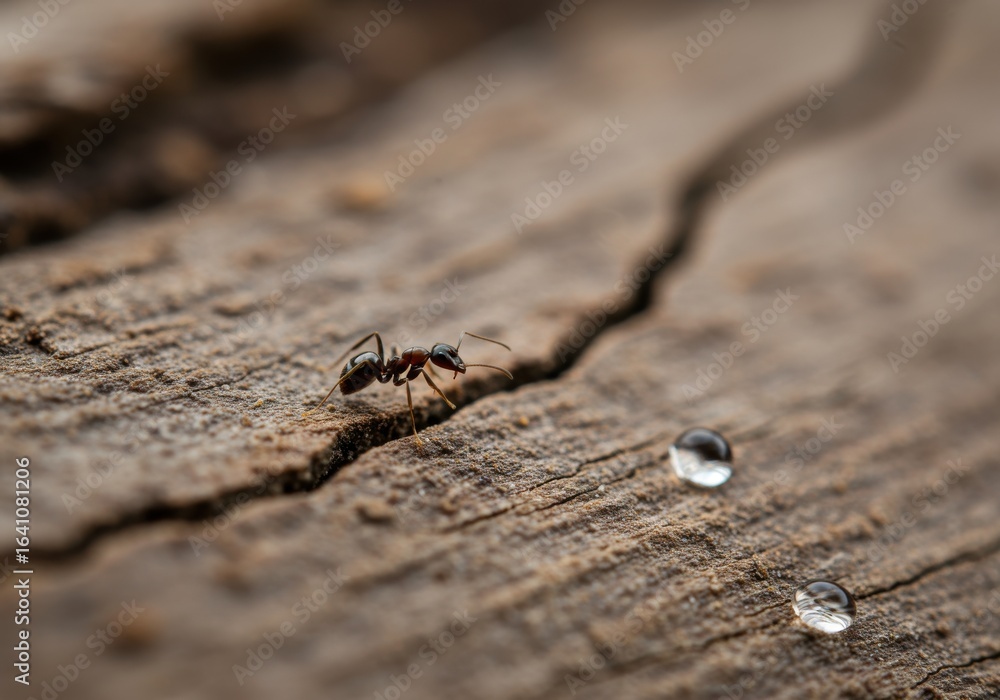 Obraz premium Macro Photography of Ant on Wood with Water Droplets