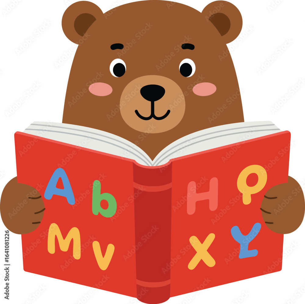 Fototapeta premium Adorable Bear Reading Alphabet ABC Book illustration