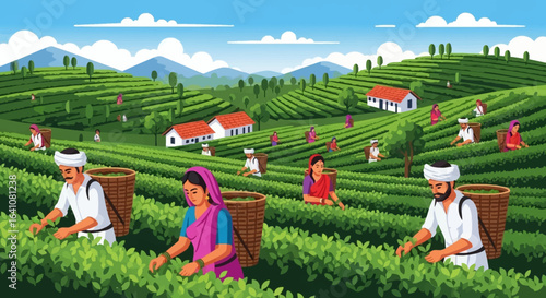 Diverse People Harvesting Fresh Green Tea Leaves on Lush Terraced Hillsides