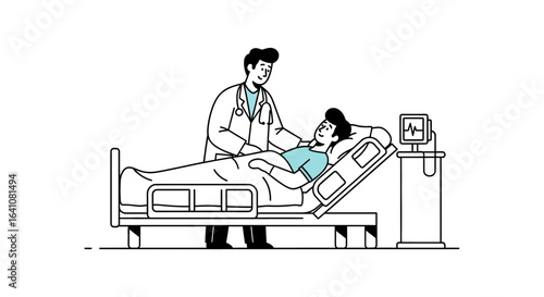 Doctor comforting patient in hospital bed with vital signs monitor