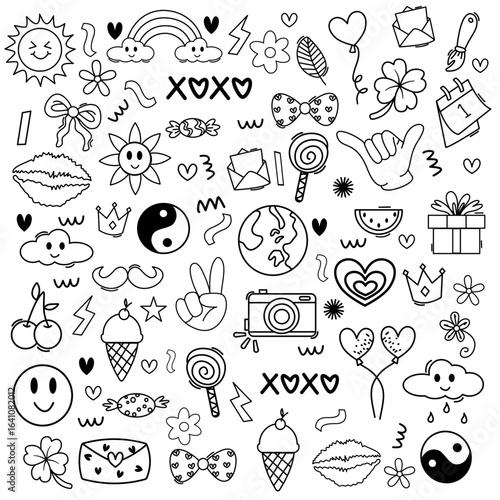 hippie retro doodle set peace love good vibe cute kawaii icon hand drawn
