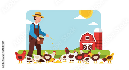 Farmer feeding chickens with grain near a red barn and silo