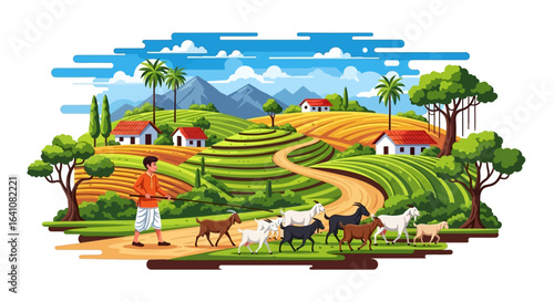 Farmer Herding Goats Through Lush Green Terraced Fields