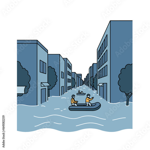 Illustration depicts a flooded city street with people navigating the water in inflatable boats.