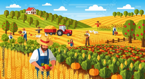 Farmers harvesting diverse crops in a vibrant, sunlit agricultural landscape