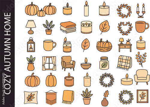 Cozy Autumn Home Decor Color Icon Set. Fall & Hygge Lifestyle Symbols.