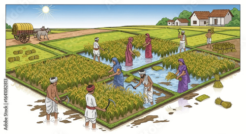 Farmers Harvesting Golden Rice Crops in a Lush Paddy Field