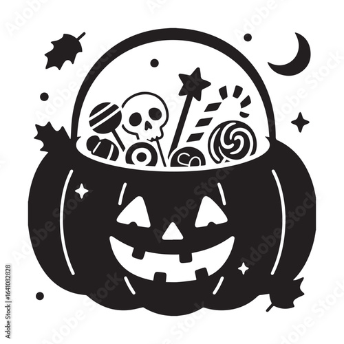  A black silhouette vector illustration of a Halloween pumpkin-shaped candy bucket filled with treats. 