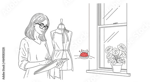 Fashion designer sketching ideas next to a dress form and window