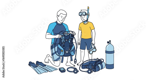Father and Son Preparing for Scuba Diving Adventure with Gear