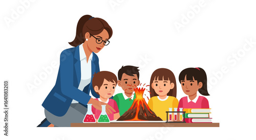 Female teacher and students observing an erupting volcano model during a science class experiment.