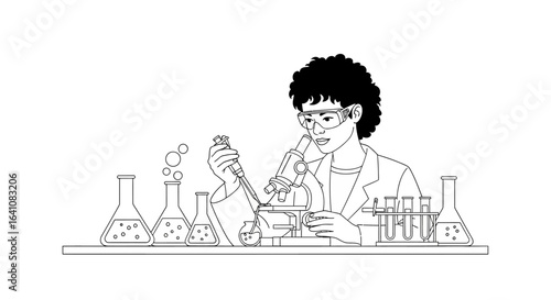 Female scientist with curly hair in a lab coat and goggles using a pipette and microscope. Black and white line art illustration.