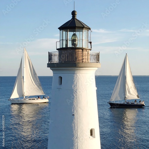 Wallpaper Mural Coastal scene with lighthouse and sailboats Torontodigital.ca